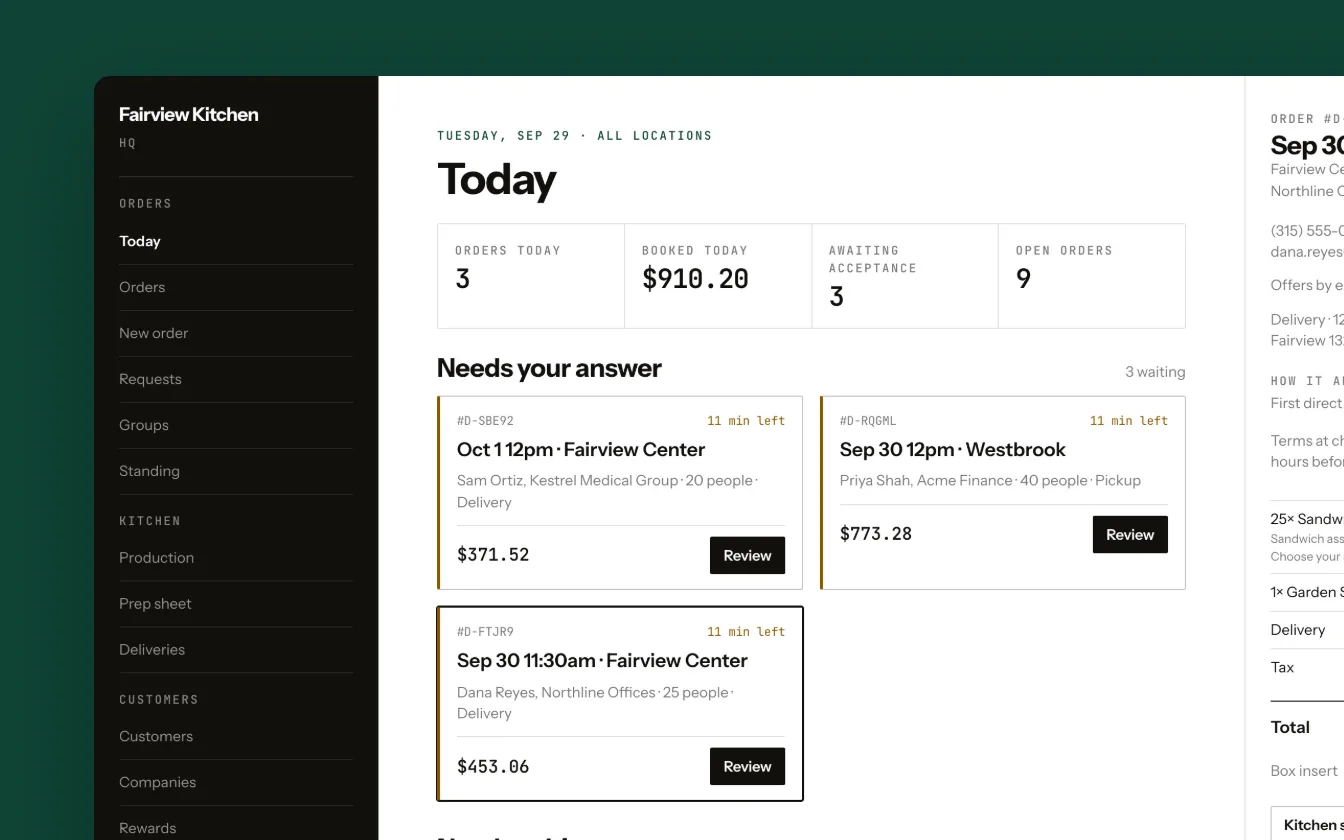 CaterRail's order desk, showing today's catering orders