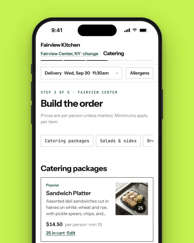 A CaterRail catering menu on a phone