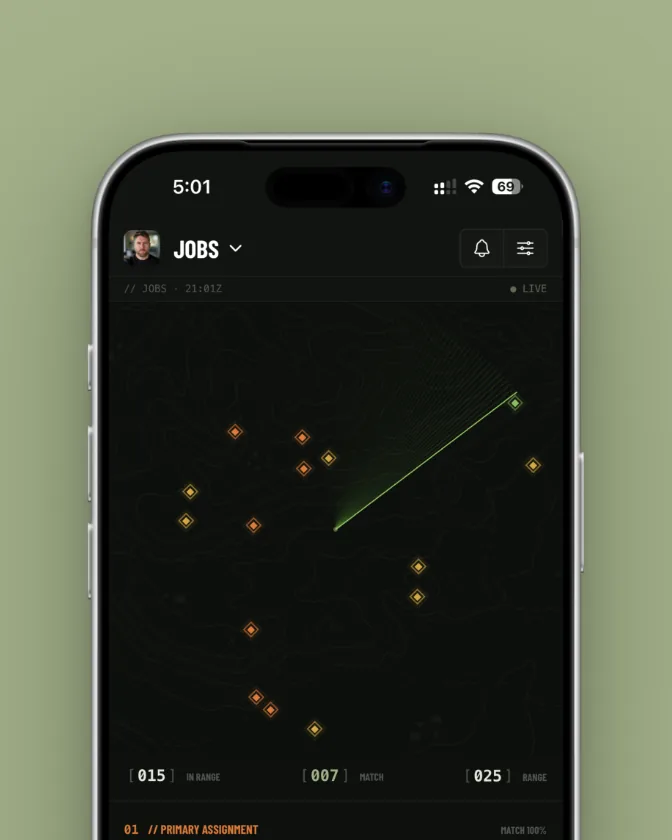 The ValorJobs app on a phone, showing nearby jobs on a radar